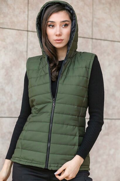 Kadın Kapşonlu Yelek  Haki 6