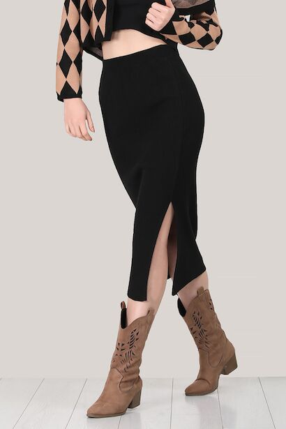 Kadın Yanı Yırtmaçlı Uzun Triko Etek Siyah