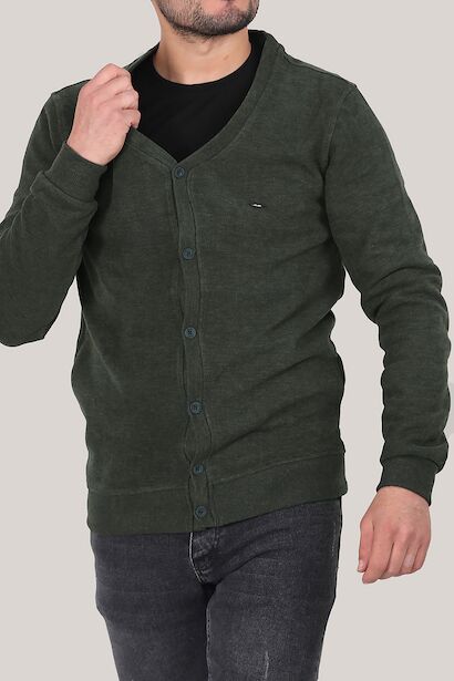 Erkek V Yaka Düğmeli Kadife Hırka 