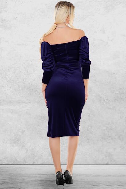 Kadın Uzun Manşetli Kol Pileli Kadife Elbise  Lacivert 2