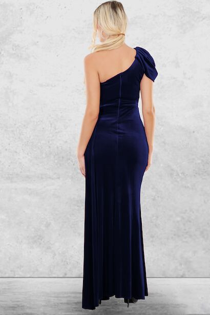 Kadın Omuz Detay Pileli Uzun Kadife Abiye Elbise  Lacivert 2