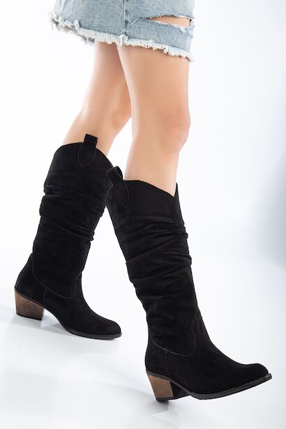 Rimaz Siyah Süet Körüklü Topuklu Kadın Çizme 