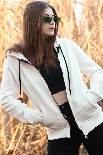 Unisex Fermuarlı Sweat Ekru