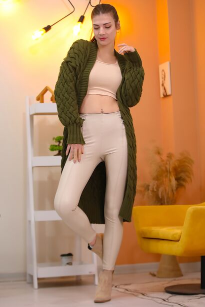 Kadın Dar Paça Düğme Detaylı Deri Tayt 