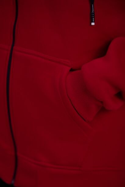 Büyük Beden Kapşonlu Fermuarlı Sweat  Kırmızı 4