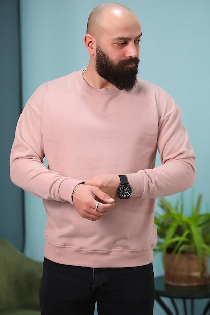 Erkek Bisiklet Yaka Sweat  Pudra