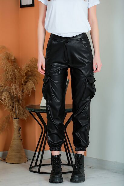 Kadın Kargo Cepli Deri Pantolon  Siyah 6