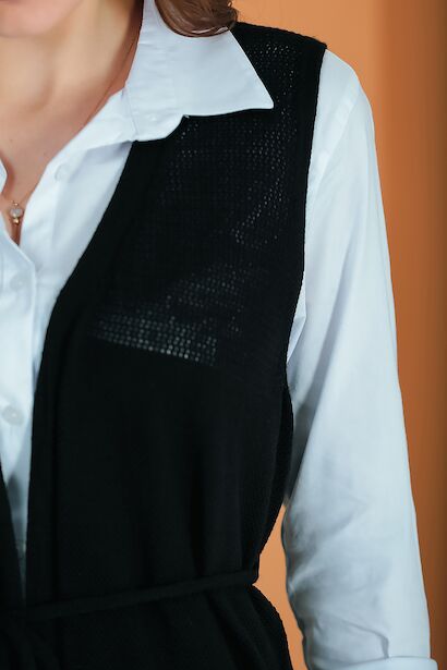 Kadın Bel Kuşaklı Uzun Yelek  Siyah 9