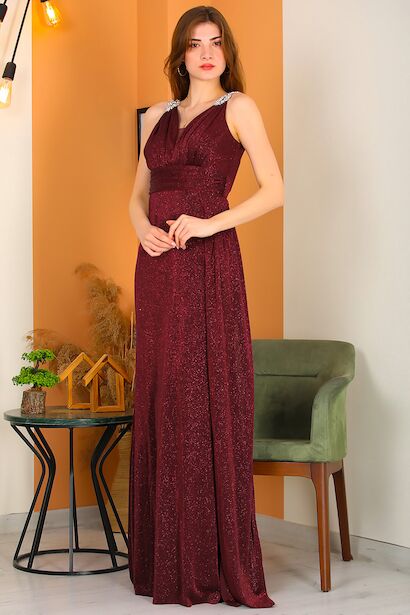 Kadın Omuz Aksesuarlı Uzun Simli Abiye Bordo 6
