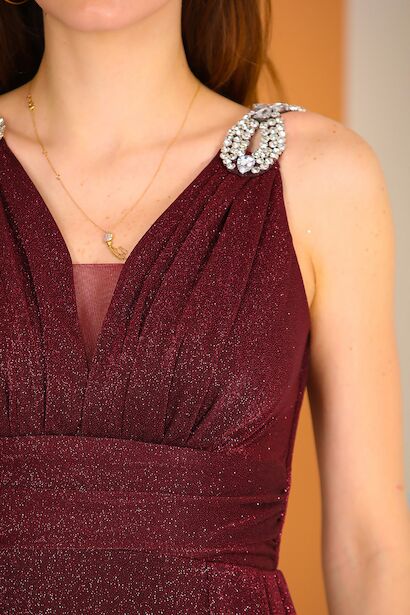 Kadın Omuz Aksesuarlı Uzun Simli Abiye Bordo 9