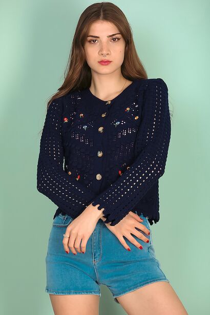 Kadın Nakışlı Düğmeli Kısa Hırka  Lacivert 6