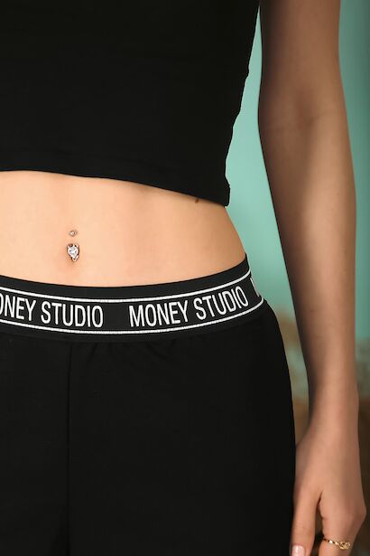 Kadın Beli Yazılı Bol Paça Eşofman Siyah Siyah 9