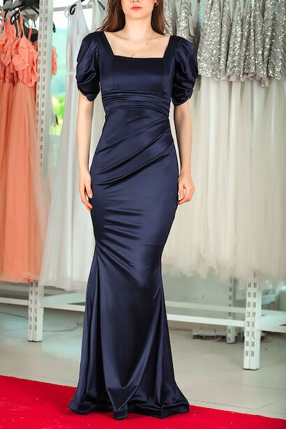 Kadın Kısa Kol Saten Abiye Elbise Lacivert 6