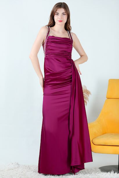 Kadın Taşlı Saten Uzun Abiye 