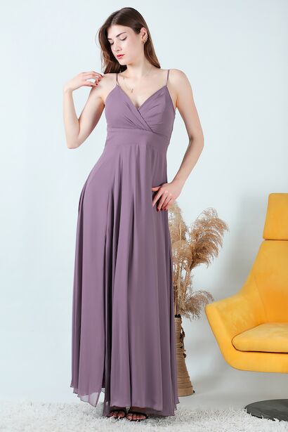 Kadın İp Askılı Şifon Uzun Abiye  Mürdüm 6