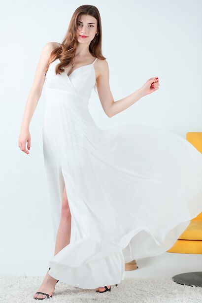 Kadın İp Askılı Şifon Uzun Abiye 