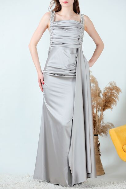 Kadın Taşlı Saten Uzun Abiye  Gri 6