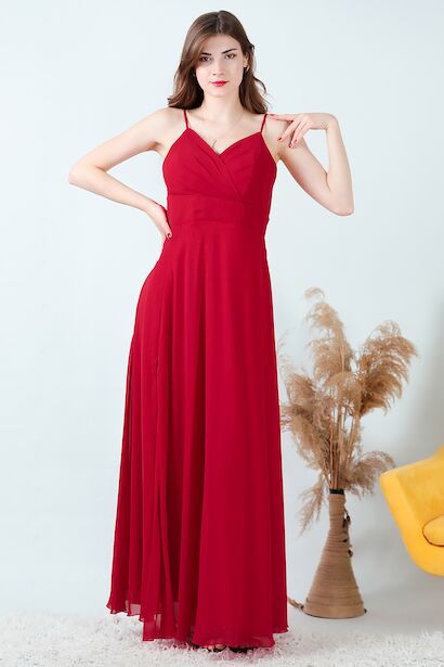 Kadın İp Askılı Şifon Uzun Abiye Kırmızı 6