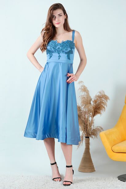 Kadın Midi Boy Saten Abiye İndigo 6