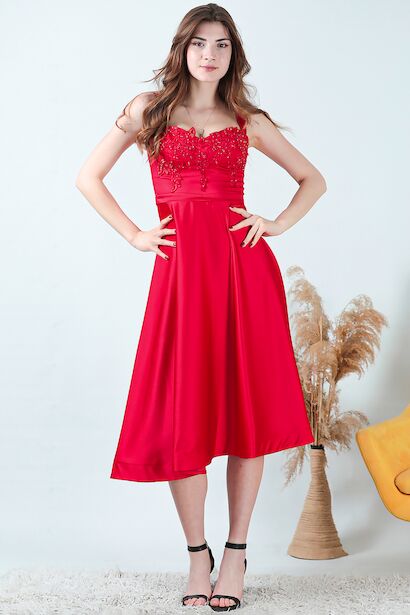 Kadın Midi Boy Saten Abiye  Kırmızı 6