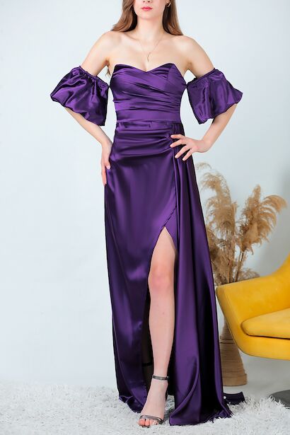 Kadın Balon Kol Saten Uzun Abiye Elbise Mor 6