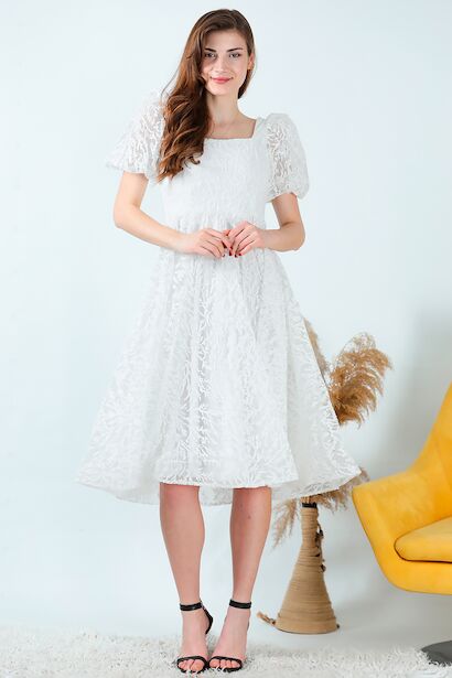 Kadın Balon Kol Simli Midi Boy Abiye Elbise 