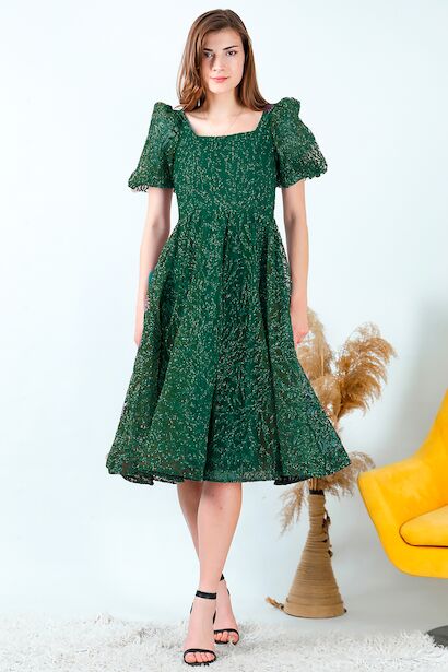 Kadın Balon Kol Simli Midi Boy Abiye Elbise 