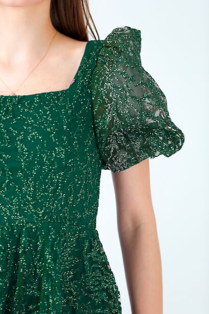 Kadın Balon Kol Simli Midi Boy Abiye Elbise  Zümrüt 6