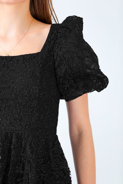 Kadın Balon Kol Simli Midi Boy Abiye Elbise Siyah 6