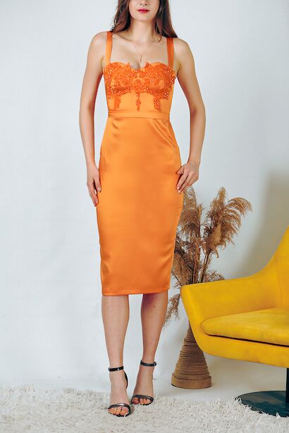 Kadın Saten Kısa abiye Elbise Turuncu 6