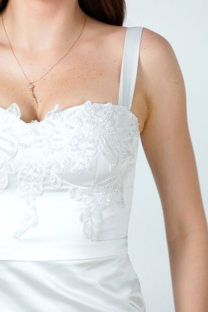 Kadın Saten Kısa abiye Elbise Ekru 9