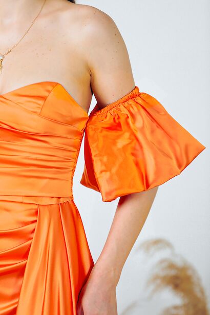 Kadın Balon Kol Saten Uzun Abiye Elbise Turuncu 9