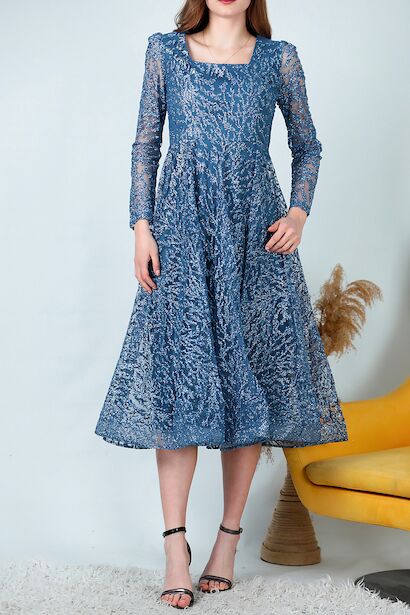 Kadın Simli Midi Boy Abiye Elbise  İndigo 6