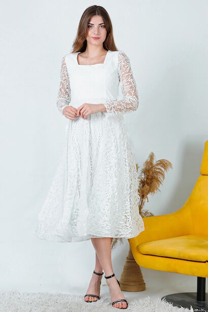 Kadın Simli Midi Boy Abiye Elbise Ekru 6