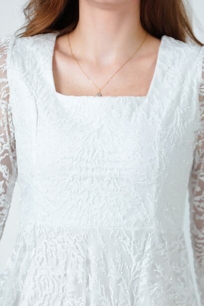 Kadın Simli Midi Boy Abiye Elbise Ekru 9