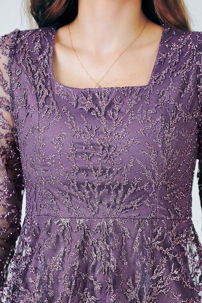 Kadın Simli Midi Boy Abiye Elbise  Mor 6