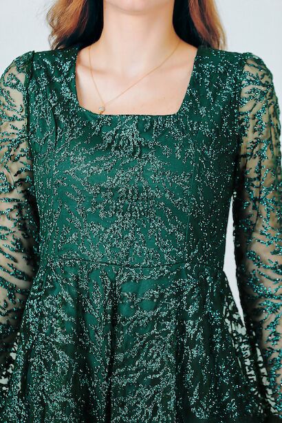 Kadın Simli Midi Boy Abiye Elbise Zümrüt 6