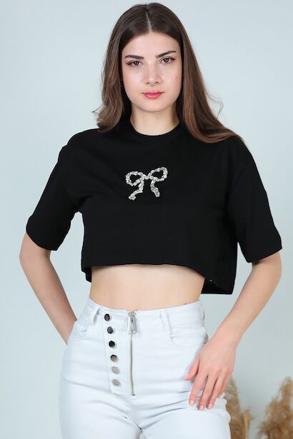 Kadın Bisiklet Yaka Taşlı T-shırt 