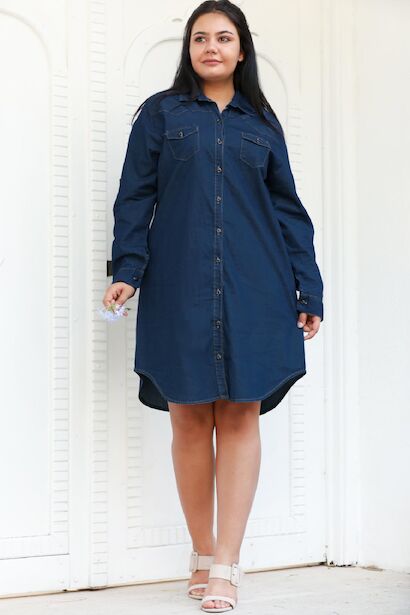 Büyük Beden Kol Katlama Kot Gömlek & Tunik & Elbise  Kot 6