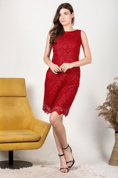Kadın Simli Dantel Kısa Abiye Kırmızı 4