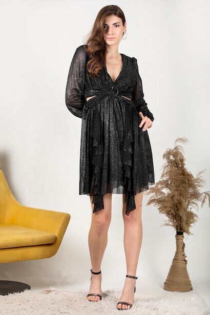 Kadın Eteği Fırfır abiye Elbise Siyah 4