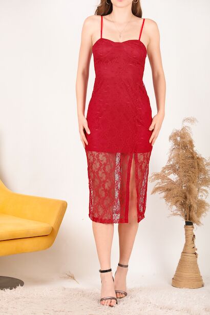 Kadın Dantel Midi Boy Abiye Elbise  Kırmızı 6