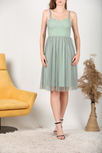 Kadın Puantiyeli Tül Elbise  Çağla Yeşili 6