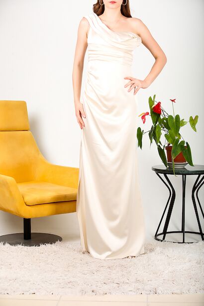 Kadın Tek Omuz Saten Abiye  Krem 6