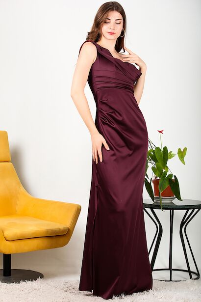Kadın Tek Omuz Saten Abiye Mürdüm 6