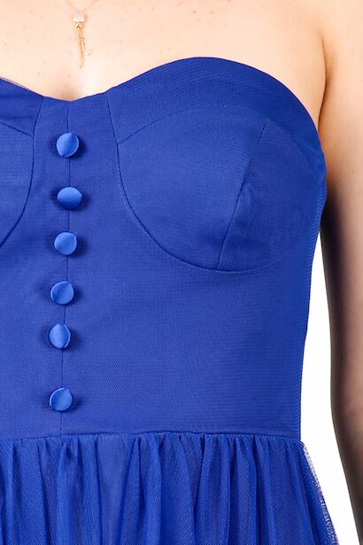 Kadın Straplez Tül Abiye  Saks 9