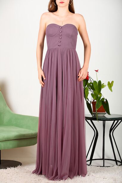 Kadın Straplez Tül Abiye Mor 6