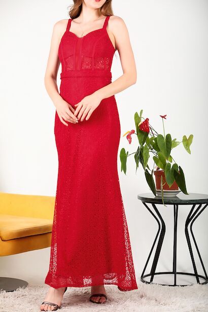 Kadın Dantel Uzun Abiye  Kırmızı 4