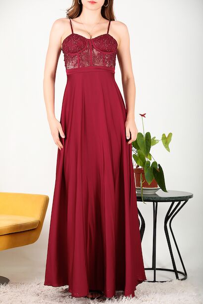 Kadın Transparan Abiye  Bordo 6