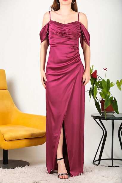 Kadın Askılı Saten Uzun Abiye  Mürdüm 6